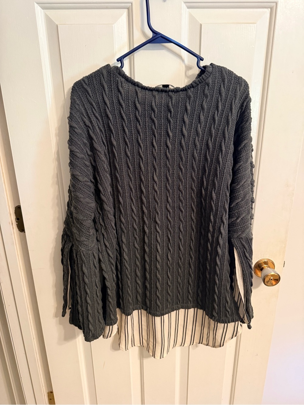 Suzanne Betro Charcoal Ribbed Knit Top with Striped Trim